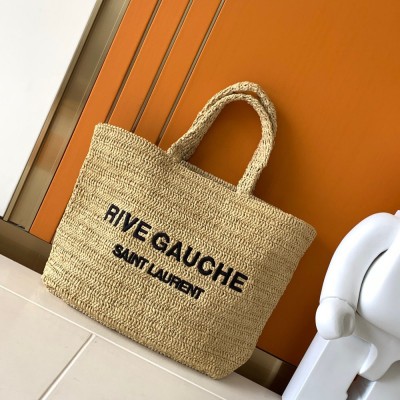 Saint Laurent Rive Gauche Tote Bag in Beige Raffia Crochet