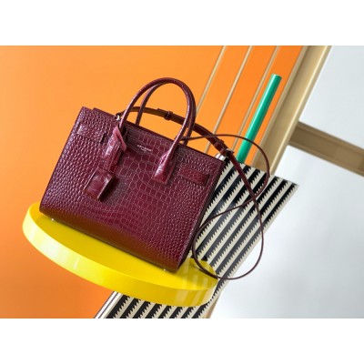 Saint Laurent Sac De Jour Baby Bag in Bordeaux Crocodile Embossed Leather