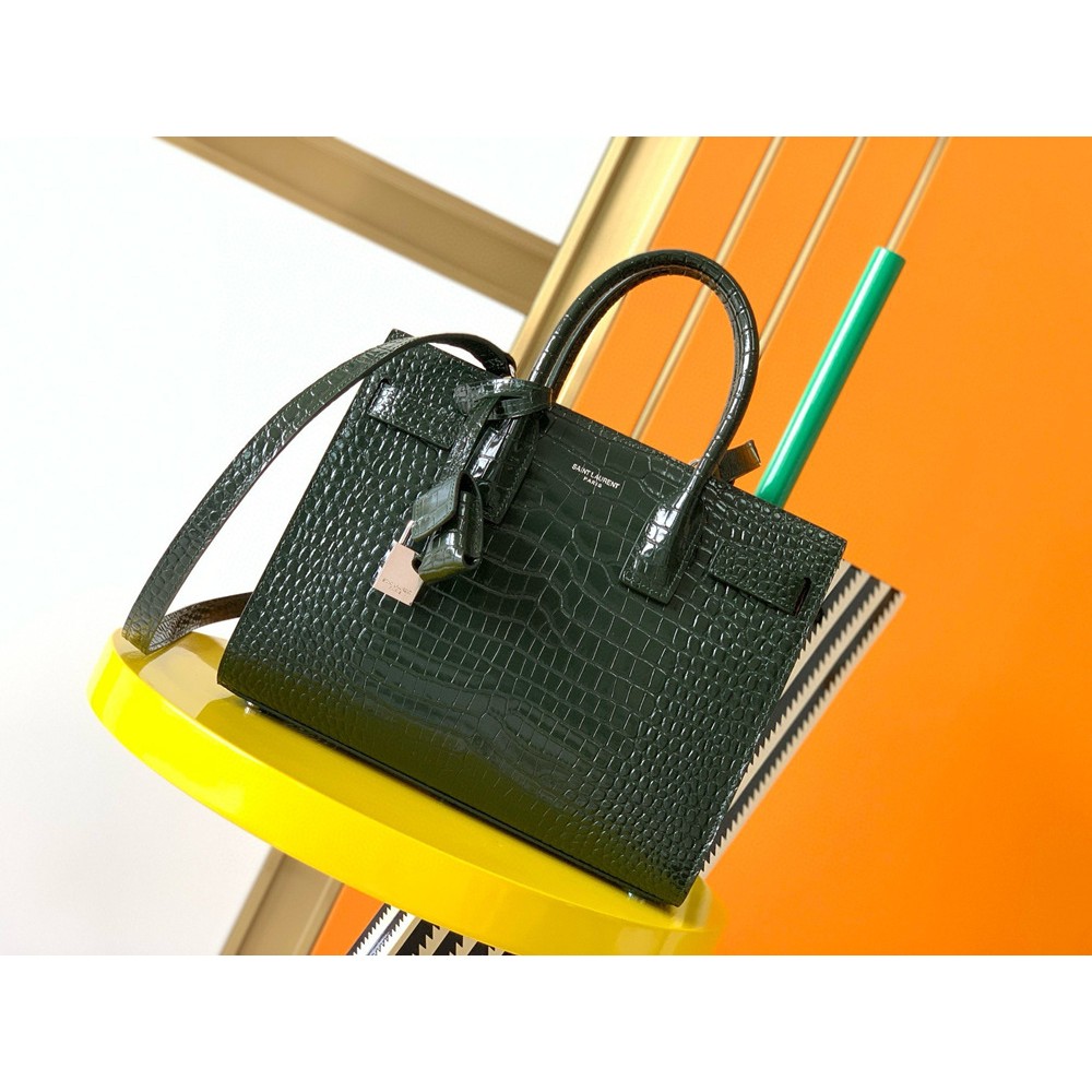 Saint Laurent Sac De Jour Baby Bag in Green Crocodile Embossed Leather