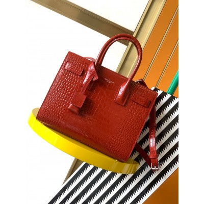 Saint Laurent Sac De Jour Baby Bag in Red Crocodile Embossed Leather