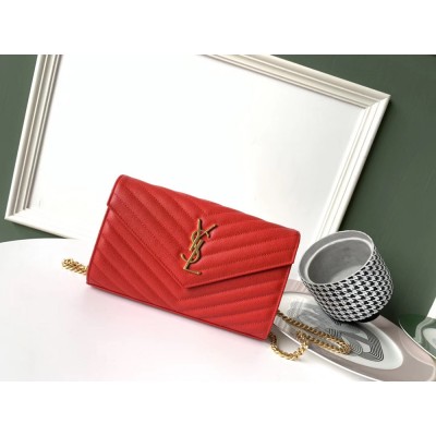 Saint Laurent WOC Monogram Chain Wallet In Red Leather