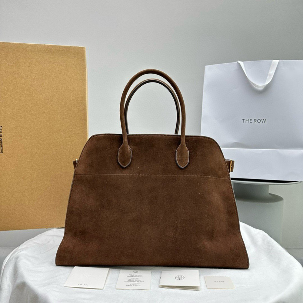 The Row Margaux 17 Top Handle Bag in Brown Suede Leather