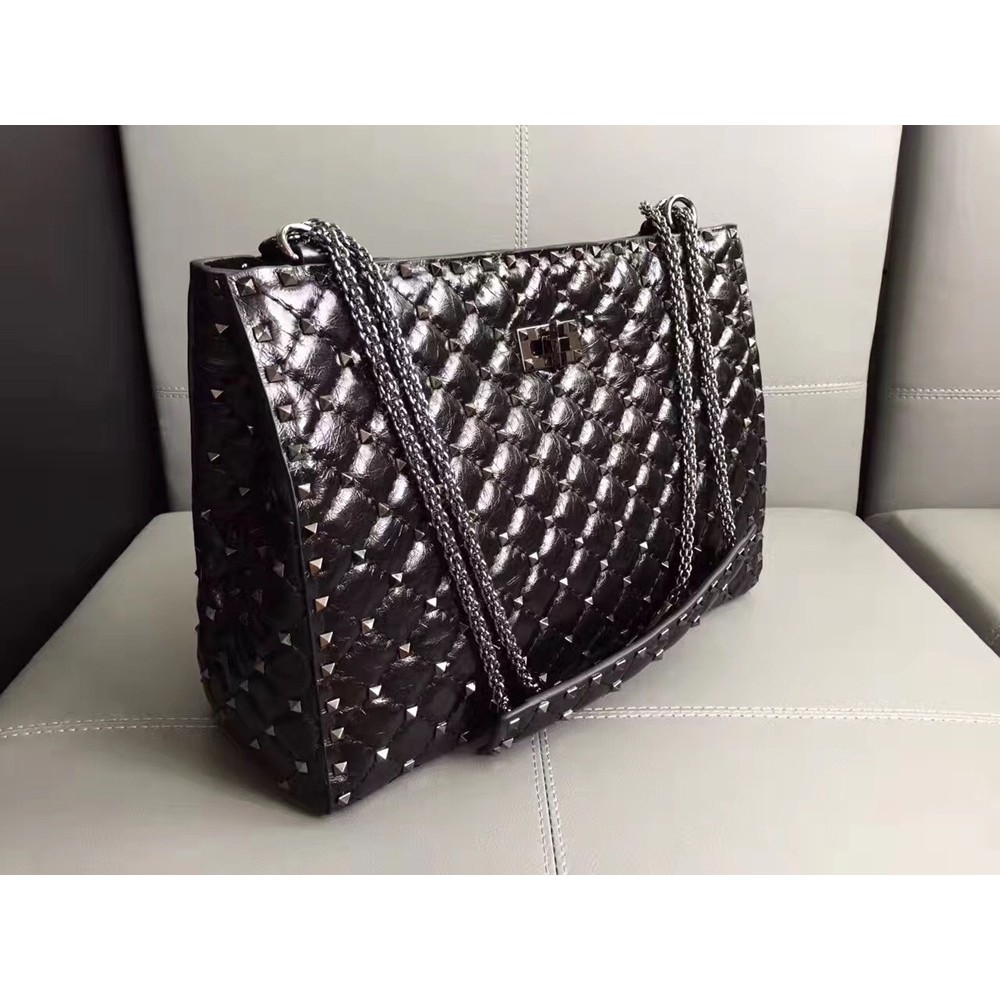 Valentino All Black Rockstud Spike Tote Bag TDBS29112