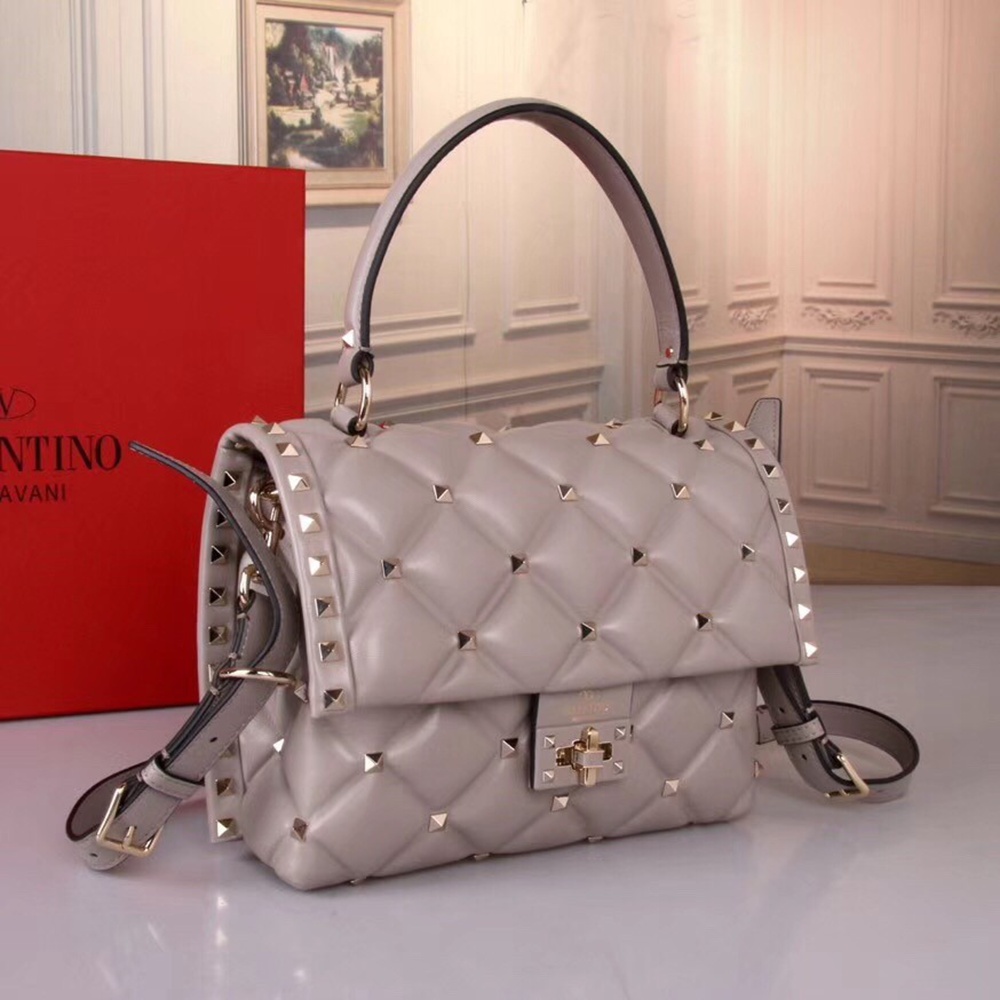 Valentino Light Grey Quilted Candystud Top Handle Bag TDBS28956