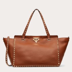 Valentino Medium Rockstud Tote Bag In Brown Grainy Calfskin TDBS29114