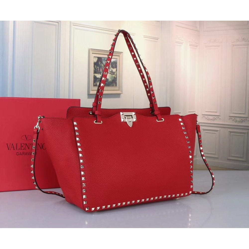 Valentino Medium Rockstud Tote In Red Grain Calfskin TDBS29117