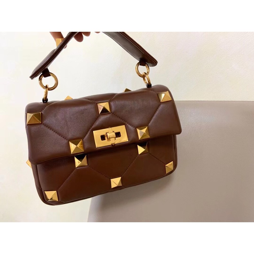 Valentino Medium Roman Stud Chain Bag In Teak Brown Nappa TDBS29055