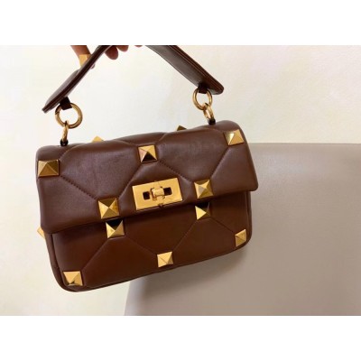 Valentino Medium Roman Stud Chain Bag In Teak Brown Nappa TDBS29055