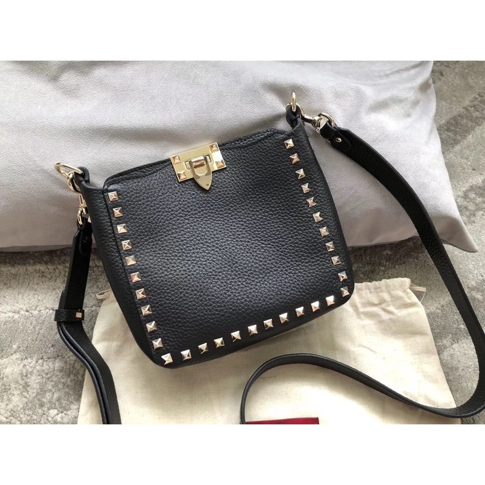 Valentino Mini Rockstud Hobo Bag In Black Grained Leather TDBS28998