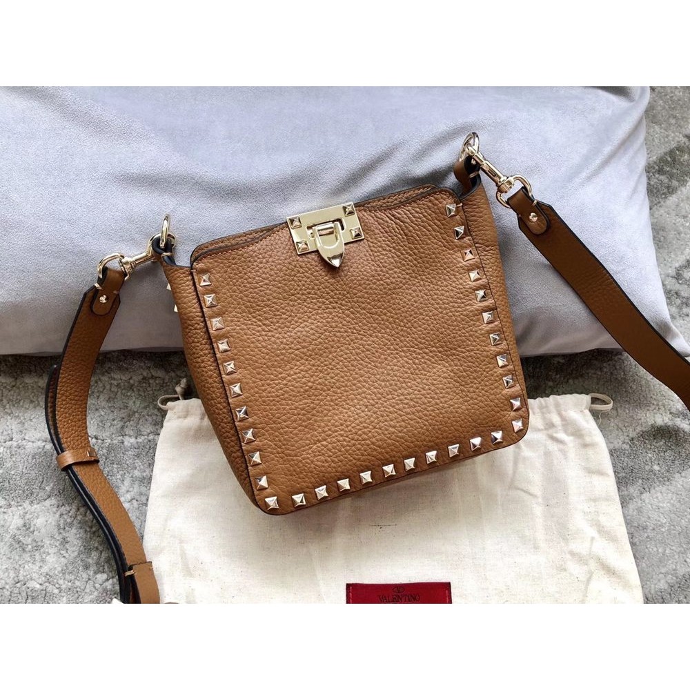 Valentino Mini Rockstud Hobo Bag In Brown Grained Leather TDBS28999