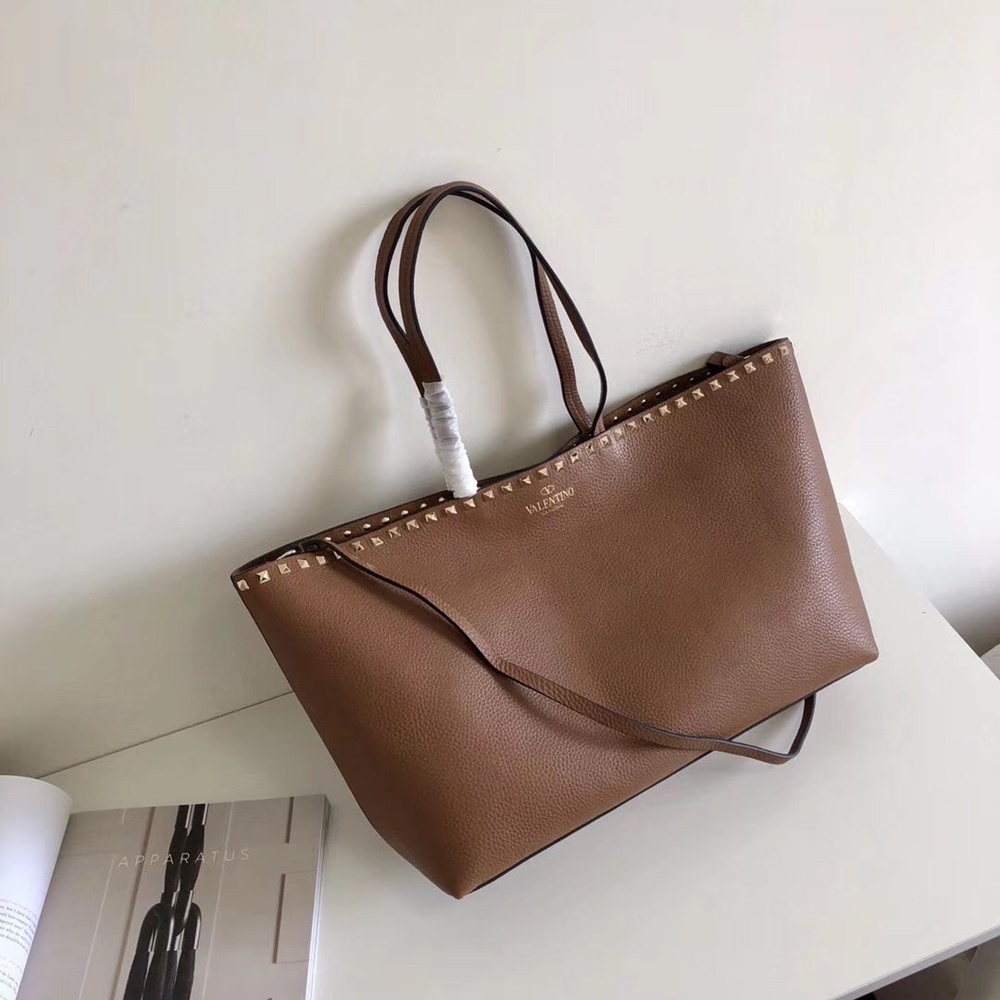 Valentino Rockstud Large Shopping Bag In Brown Leather  TDBS29047