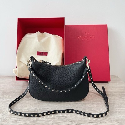 Valentino Rockstud Small Hobo Bag in Black Grainy Calfskin TDBS29000