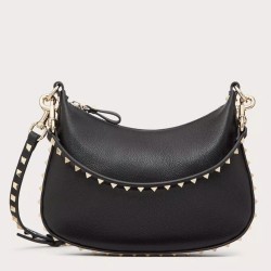 Valentino Rockstud Small Hobo Bag in Black Grainy Calfskin TDBS29000