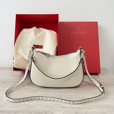 Valentino Rockstud Small Hobo Bag in White Grainy Calfskin TDBS29001