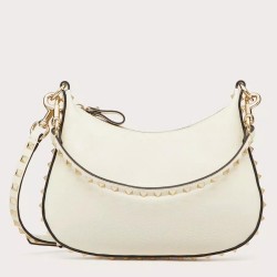 Valentino Rockstud Small Hobo Bag in White Grainy Calfskin TDBS29001