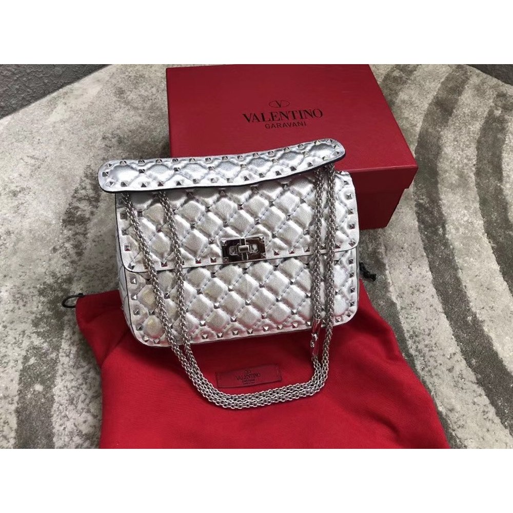 Valentino Rockstud Spike Medium Bag In Silver Metallic Lambskin TDBS29076