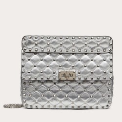 Valentino Rockstud Spike Medium Bag In Silver Metallic Lambskin TDBS29076