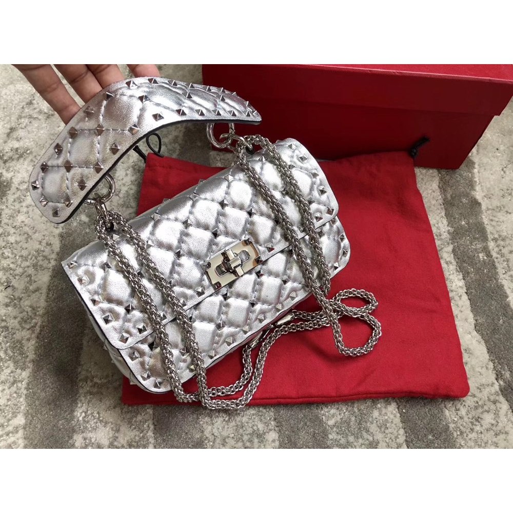 Valentino Rockstud Spike Small Bag In Silver Metallic Lambskin TDBS29083