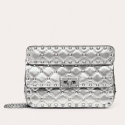 Valentino Rockstud Spike Small Bag In Silver Metallic Lambskin TDBS29083