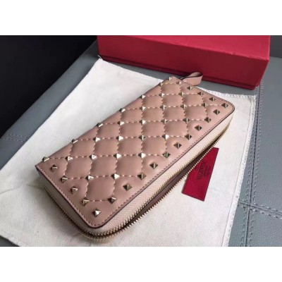 Valentino Rockstud Spike Zip Wallet In Pastel Pink Lambskin TDBS29155