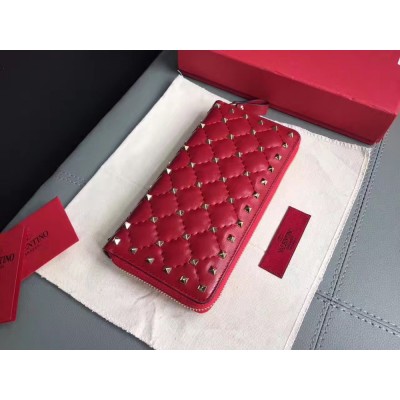 Valentino Rockstud Spike Zip Wallet In Red Lambskin TDBS29157