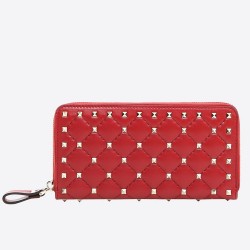 Valentino Rockstud Spike Zip Wallet In Red Lambskin TDBS29157