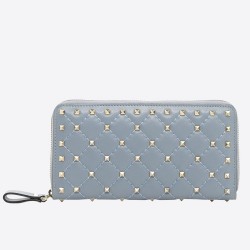 Valentino Rockstud Spike Zip Wallet In Sky Blue Lambskin TDBS29158