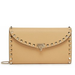 Valentino Rockstud Wallet with Chain in Beige Grained Leather TDBS29160