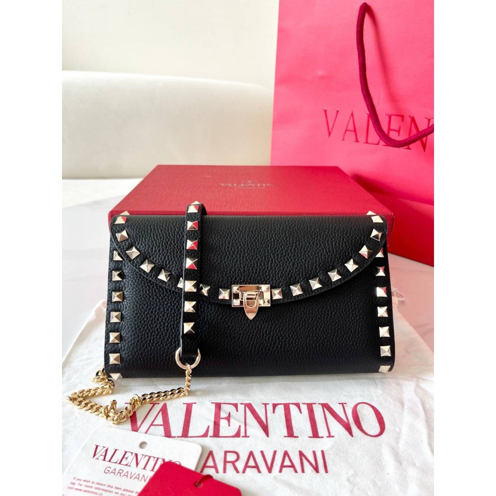 Valentino Rockstud Wallet with Chain in Black Grained Leather TDBS29161