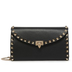 Valentino Rockstud Wallet with Chain in Black Grained Leather TDBS29161