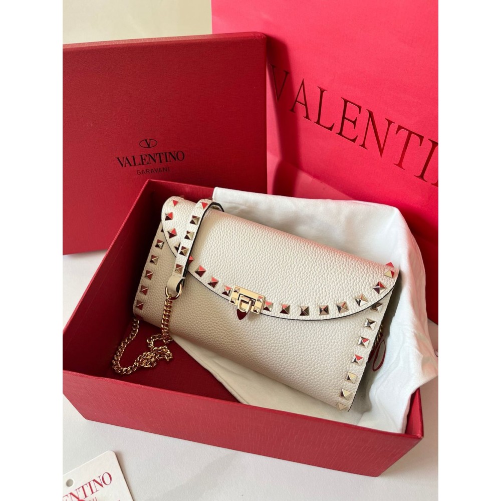 Valentino Rockstud Wallet with Chain in White Grained Leather TDBS29162