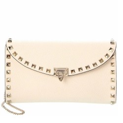 Valentino Rockstud Wallet with Chain in White Grained Leather TDBS29162