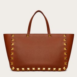 Valentino Roman Stud Tote Bag In Brown Grainy Calfskin TDBS29122