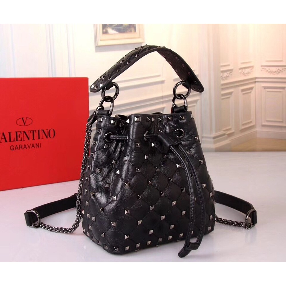 Valentino Small Black Rockstud Spike Bucket Bag TDBS28941