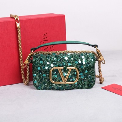 Valentino Small Loco Shoulder Bag with Green 3D-effect Embroidery TDBS29031