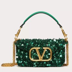 Valentino Small Loco Shoulder Bag with Green 3D-effect Embroidery TDBS29031