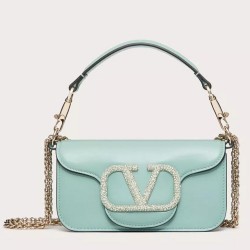 Valentino Small Loco Shoulder Light Green Bag with Crystals Logo TDBS29035