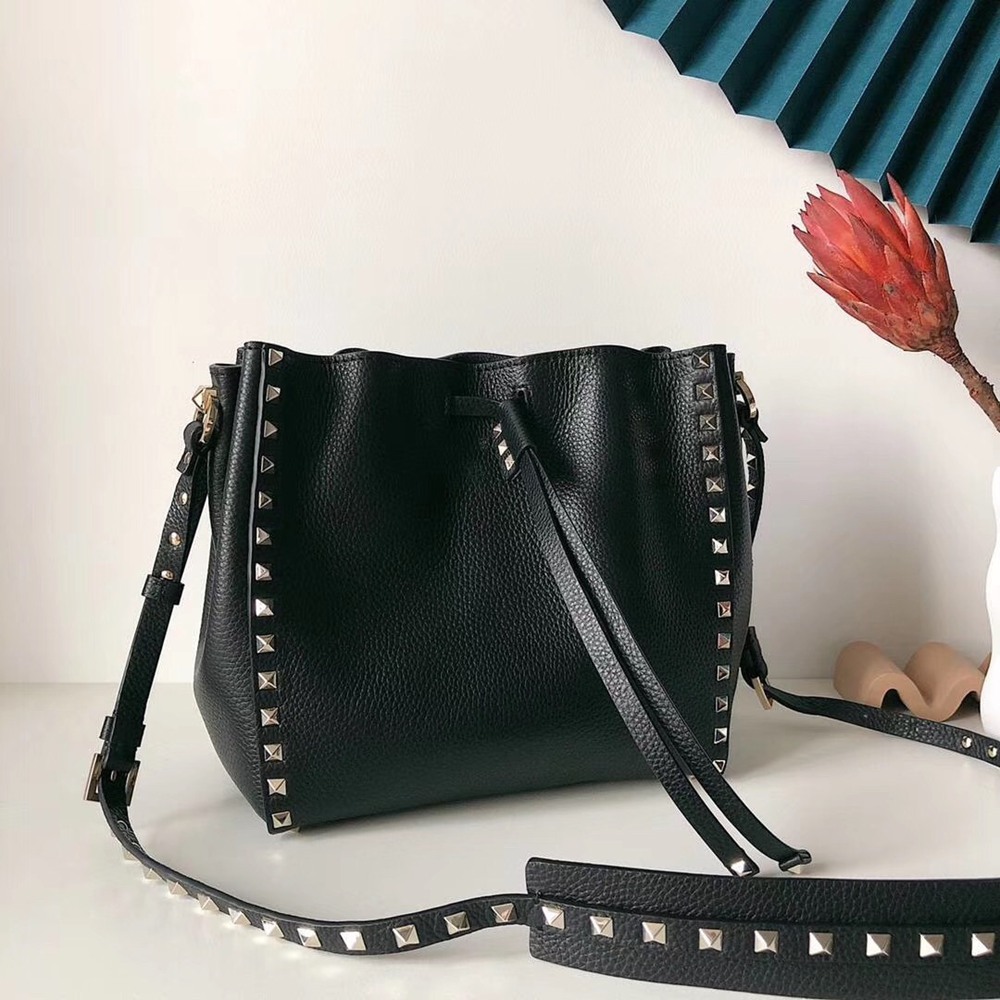 Valentino Small Rockstud Bucket Bag In Black Grained Calfskin TDBS28942