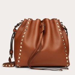 Valentino Small Rockstud Bucket Bag In Brown Grained Calfskin TDBS28943