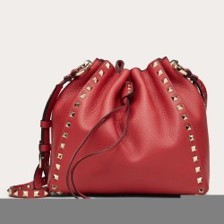 Valentino Small Rockstud Bucket Bag In Red Grained Calfskin TDBS28944