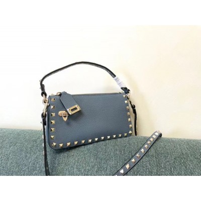 Valentino Small Rockstud Crossbody Bag In Blue Grainy Calfskin TDBS28982