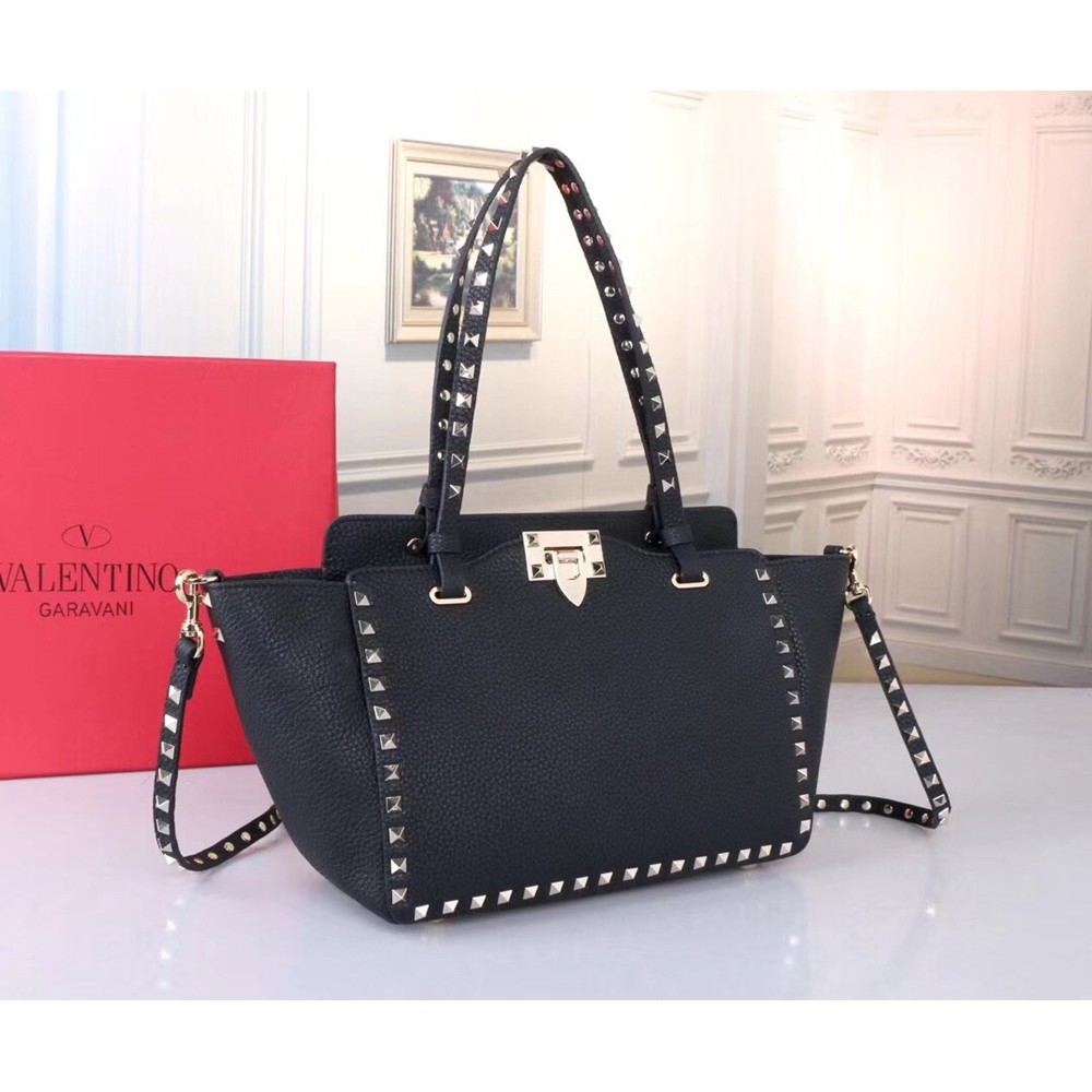 Valentino Small Rockstud Tote In Black Grain Calfskin TDBS29123