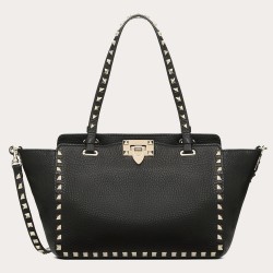 Valentino Small Rockstud Tote In Black Grain Calfskin TDBS29123