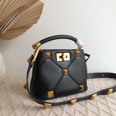 Valentino Small Roman Stud Top Handle Bag In Black Nappa TDBS29103