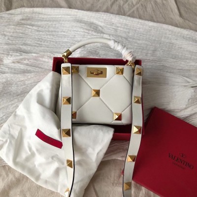 Valentino Small Roman Stud Top Handle Bag In White Nappa TDBS29106