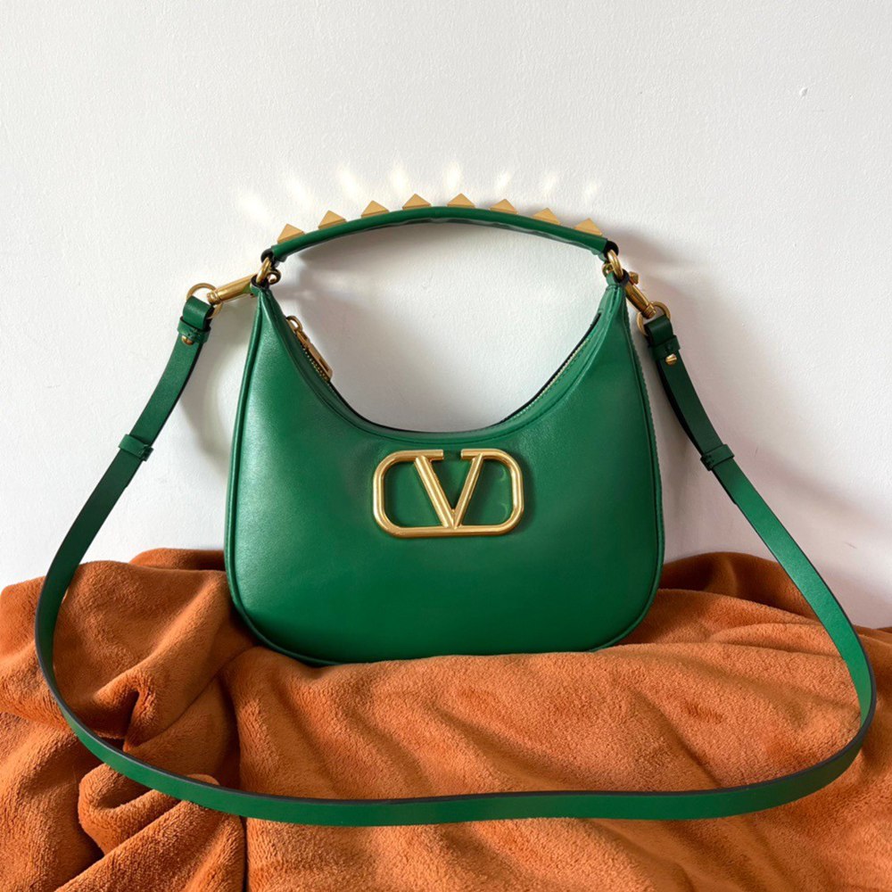 Valentino Stud Sign Hobo Bag In Green Calfskin TDBS29004