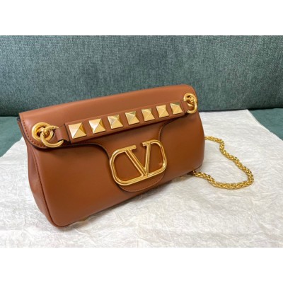 Valentino Stud Sign Shoulder Bag In Brown Nappa Leather TDBS28985