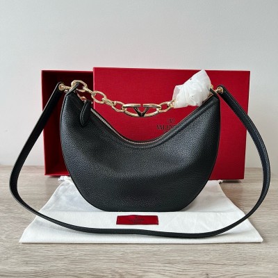 Valentino VLogo Moon Small Hobo Bag with Chain in Black Leather TDBS29005