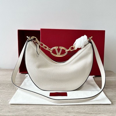 Valentino VLogo Moon Small Hobo Bag with Chain in White Leather TDBS29006