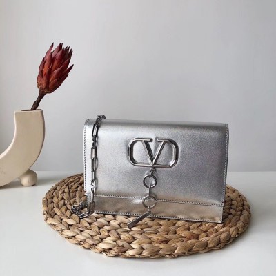 Valentino Vcase Small Chain Bag In Silver Metallic Lambskin TDBS28994